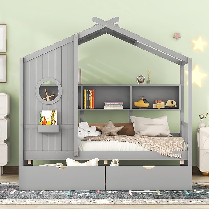 Harper & Bright Designs Twin Size Modern House Bed with Roof, Wooden Twin Size House Bed with 2 Drawers and Storage Shelf, Gray