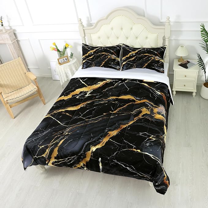 Black and Gold Comforter King: Abstract Black Marble Bedding Sets for Teens Adults Bedroom Home Decor Modern Luxury Gold Glitter Quilt Bed Set 3 Piece