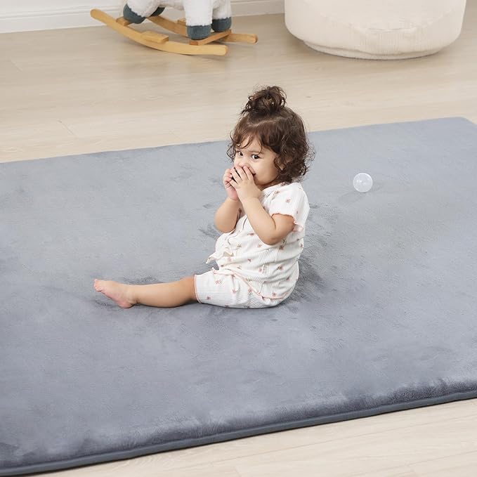 1.3" Thick Baby Floor Play Mat 79x118, Basic Padded Foam Mat for Tummy Time Crawling, Non Slip Cushioned for Babies Toddlers Infants Kids (Light Grey)