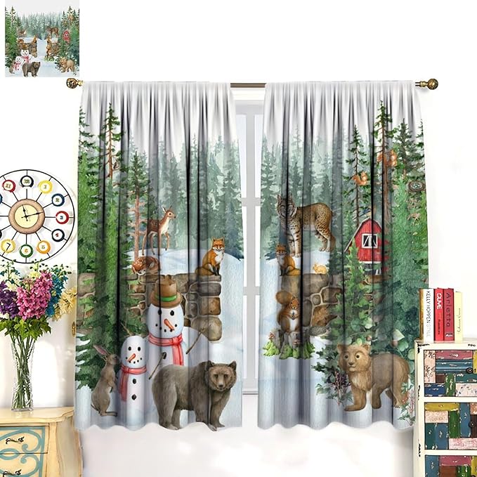 Woodland Animal Curtains, Watercolor Squirrel Hare Bear Bird Pattern Blackout Window Treatments, Rod Pocket Thermal Insulated Drapes 2 Panel Sets for Kids Bedroom Nursery Classroom, 52" W X 84" L