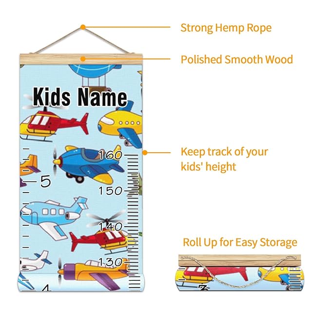 Personalized Kids Name Growth Chart Ruler for Wall Wood Frame Height Measure Chart 13.4x56 in Linen Hanging Height Growth Chart Cartoon Airplane Aircraft Kids Room Decor