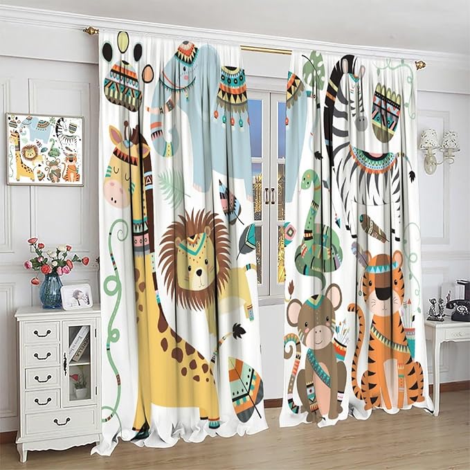 Jungle Tribal Animals Curtains, Southwest Aztec Cartoon Funny Zoo Animals Giraffe Lion Elephant Zebra Tiger Print Thermal Insulation Window Drapes for Kids Boys Girls Bedroom Living Room 42x54 Inch