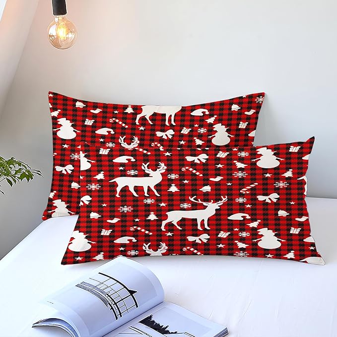 Christmas Duvet Cover King Size Red Gingham Christmas Bedding Set Kids Boys Girls Xmas Black Plaid Bow Pattern Comforter Cover 3 Pieces with Zipper Closure (No Comforter)