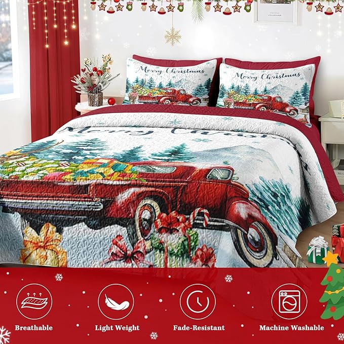 Christmas King Size Quilt Set, Red Vintage Truck Elk Lightweight Bedspread Coverlet with Pillow Shams for Kids and Adults, Winter Forest 3 Pcs Bedding Bed Cover