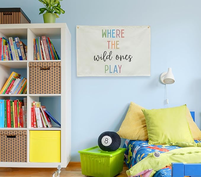 Playroom Rectangular Canvas Banner-Flag Wall Sign Decor for Kids Teen,Playroom Nursery Baby Room Bedroom Living Room Wall Decor-Where the Wild Ones Play-Baby Shower Birthday Christmas Gift