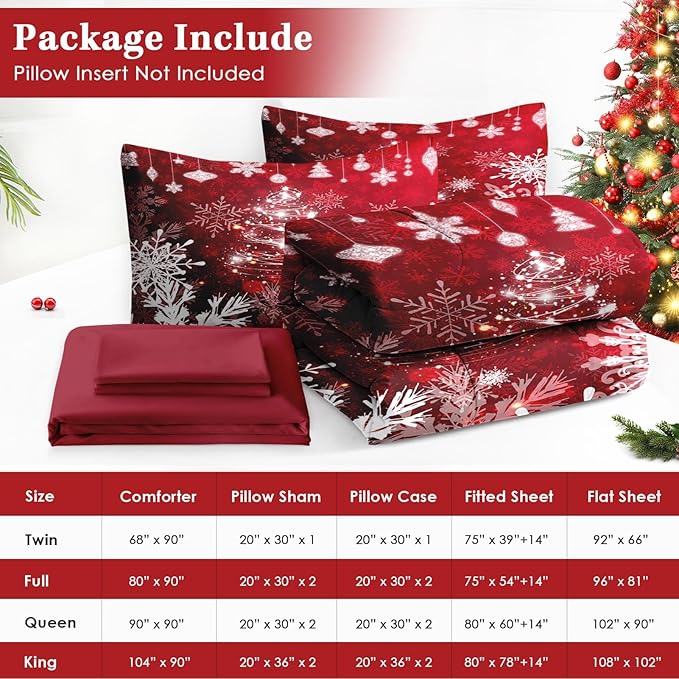 7 Pcs King Size Christmas Comforter Set with 2 Pillowcases & 2 Shams, Red Glitter Xmas Tree Bedding for Kids and Adults, White Elegant Snowflake Bed in a Bag with Flat Fitted Sheet