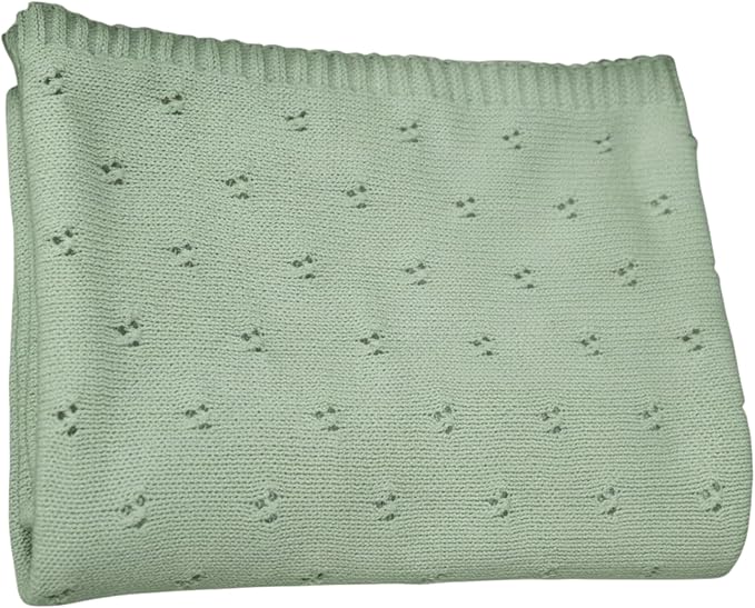 Baby Knit Blanket, 100% Cotton Eyelet Patterns, Soft, Cozy, Lightweight Swaddle for Newborn & Infant Swaddling Beige Neutral, Perfect Baby Shower Ideas Sage Green 30x30