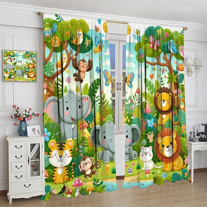 Cartoon Animals Curtain Jungle Forest Elephant Lion Butterfly Floral Print Curtains for Kids Boys Girls Nursery Baby Bedroom Playroom Home Decor Window Drapes 42" W X 45" L