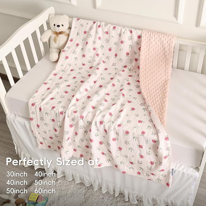 david's kids Muslin Minky Baby Blanket for Girls with Muslin Cotton Front and Dotted Fleece Backing, Breathable and Soft Lightweight Receiving Blanket for Newborns, 40x50 Inches, Pink Floral