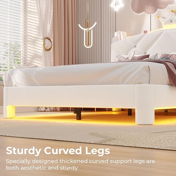 MSmask Twin Bed Frame with LED Lights, Princess Upholstered Bed with Headboard with Charging Station & Crystal Button & Crown, Velvet Platform Bed for Girls, Solid Wood Slats, Curved Legs, White