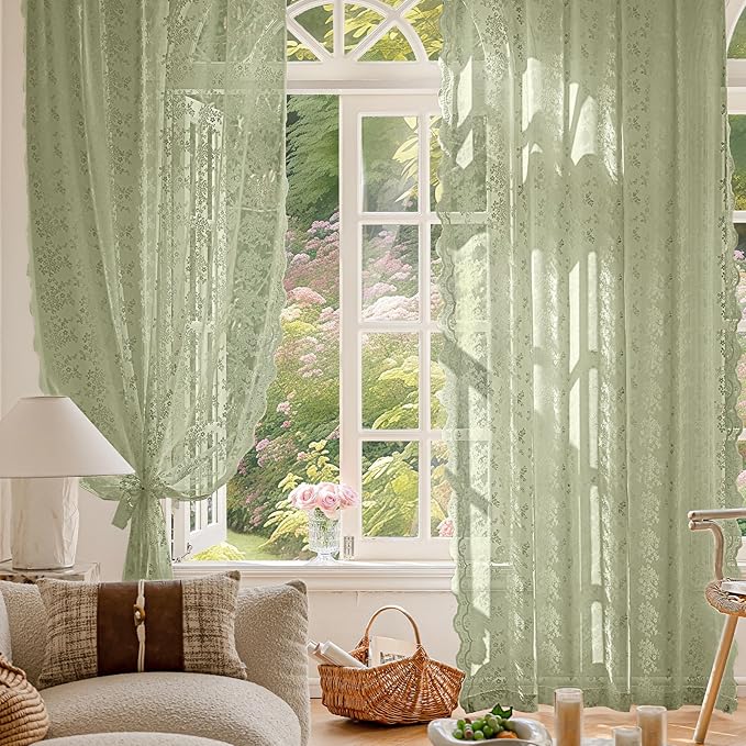 Anmao Vintage Lace Curtains 96 Inches Long 2 Panels Set, Romantic Elegant Light Filtering Semi Sheer Floral Thick Lacy Curtain Drapes for Living Room and Bedroom, Each Panel 55W x 96L, Dry Grass Green