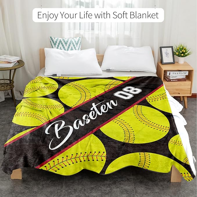 Personalized Softball Baby Blanket Gifts: Custom Soft Flannel Fabric Blankets with Name Number for 0-6 Years Kids Boys Girls - Warm and Comfortable(60X80inch)