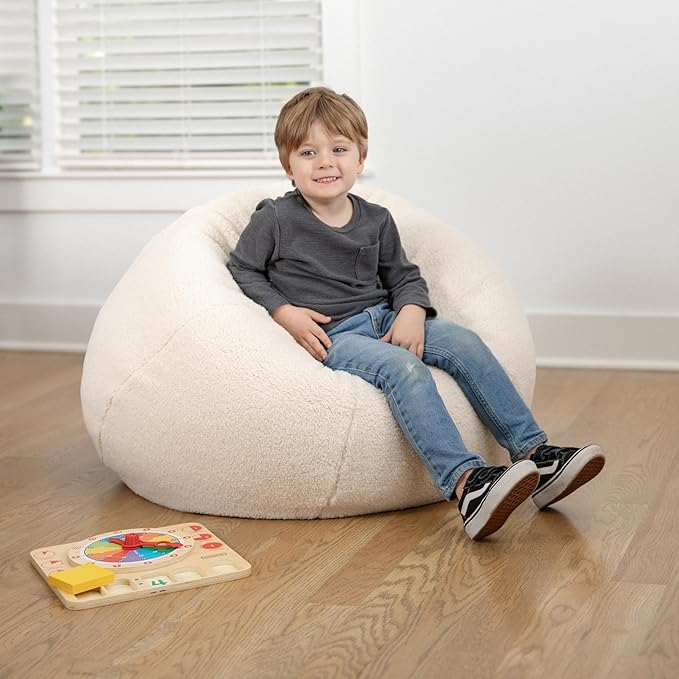EMMA + OLIVER Daisy Sherpa Bean Bag Chair, Classic Refillable Bean Bag Chair for Kids and Teens, Small, Natural