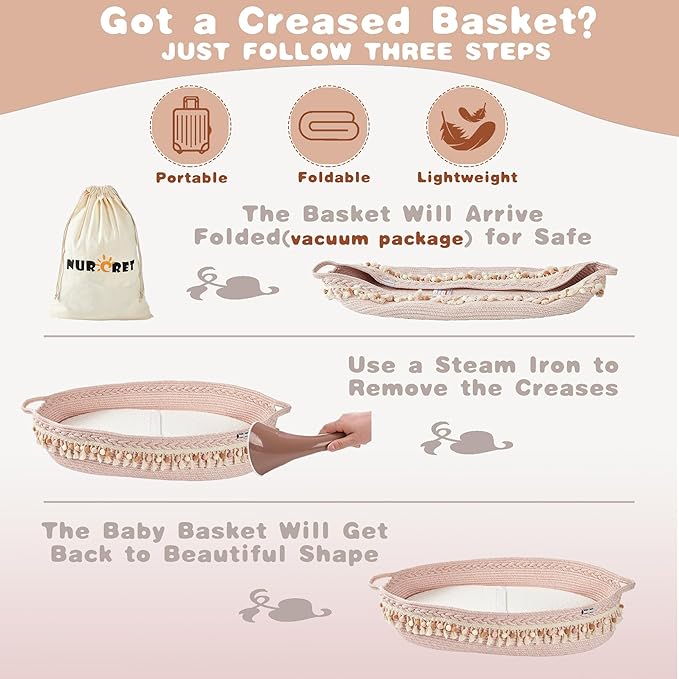 Baby Changing Basket, Foldable Portable Changing Pad, Moses Basket for Newborn, Changing Table Topper for Dresser, Cotton Rope Diaper Caddy for Travel&Nursery, Waterproof Foam Pad Cover, Pink
