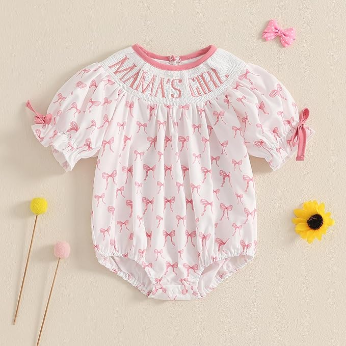 Newborn Baby Girl Romper Mamas Mini Bow Plaid Print Puff Sleeve Smocked Bubble Romper Jumpsuit Bodysuit Clothes
