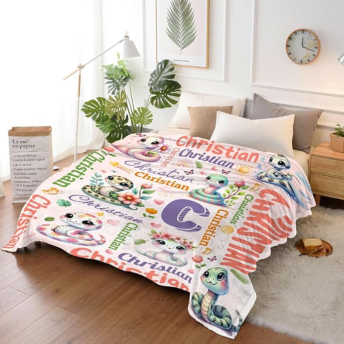 Personalized Custom Snake Blanket Gifts for Kids Boys Girls with Name - Customized Snake Super Soft Lightweight Flannel Sheets Decor for Crib Nap Couch - 90"x120" for Whole Family