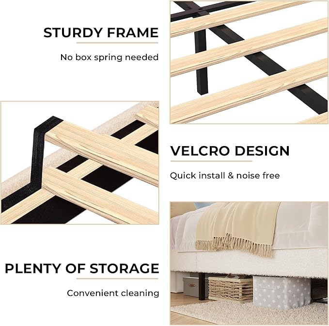 Queen Upholstered LED Bed Frame with Storage Drawers Girls Bed with Flower Headboard Boucle Princess Platform Bed Frame for Kids/Girls Strong Wood Slat Support,No Box Spring Needed,Easy Assembly