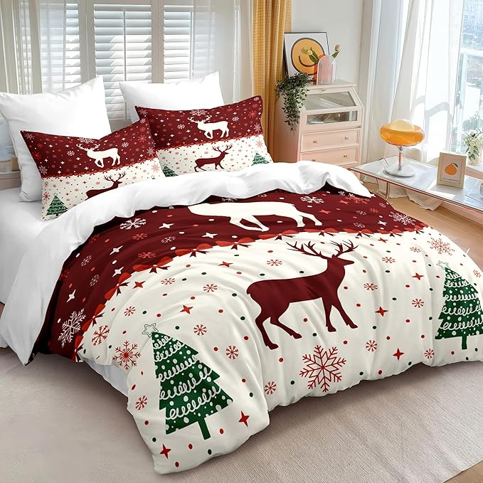 Christmas Duvet Cover King Size Red Bow Deer Bedding Set Kids Boys Girls Xmas Christmas Tree Comforter Cover 3 Pieces with Zipper Closure (No Comforter)