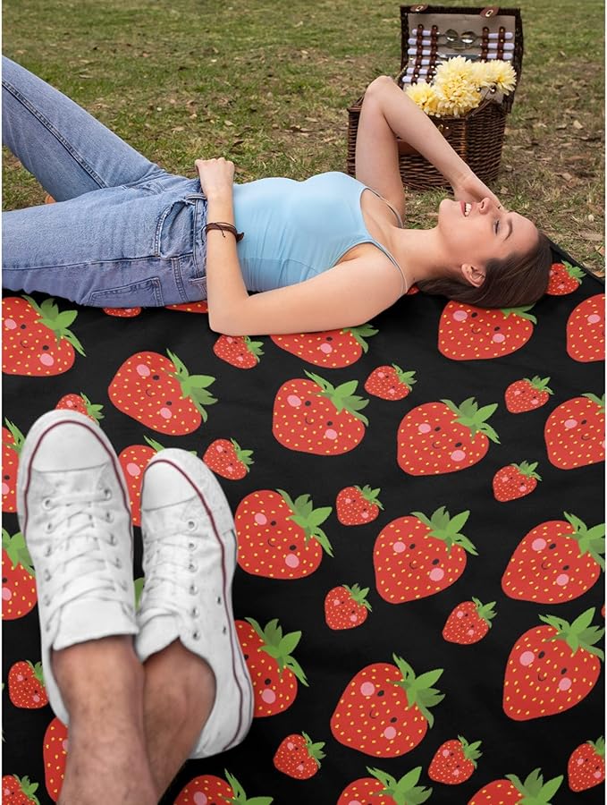 Thuswarm Cute Strawberry Kawaii Black Flannel Throw Blanket Warm Cozy Soft Funny Print Blankets for Bed Couch Sofa Room Decoration Gifts 120”×90” Extra Large for Family