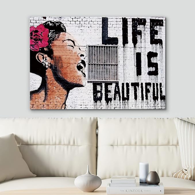 SIGNWIN Framed Canvas Wall Art Banksy Life is Beautiful Billie Holiday Graffiti & Street Art Famous People Pop Art Modern Urban Multicolor for Living Room, Bedroom, Office - 32x48 inches