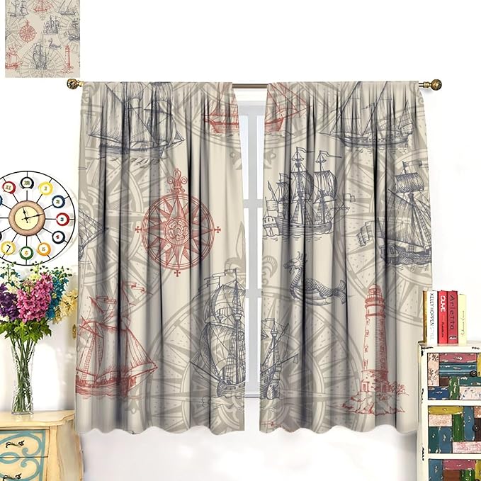 Nautical Curtain Set, Yellow Polyester, 2 Panels, 42x63 Inches, Contemporary Ocean Theme, Bathroom, Window Treatment Panels