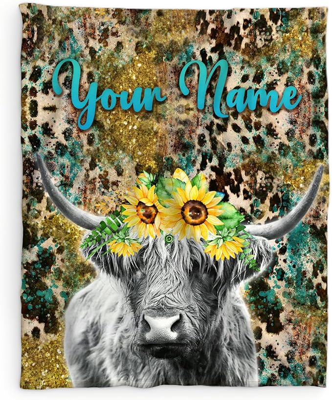 Custom Highland Cow Blanket Gifts with Name - 50x40 Inches Cute Throw Blanket for Women Girls - Dark Soft Fuzzy Vintage Leopard Print Blankets for Crib Couch Sofa Travel