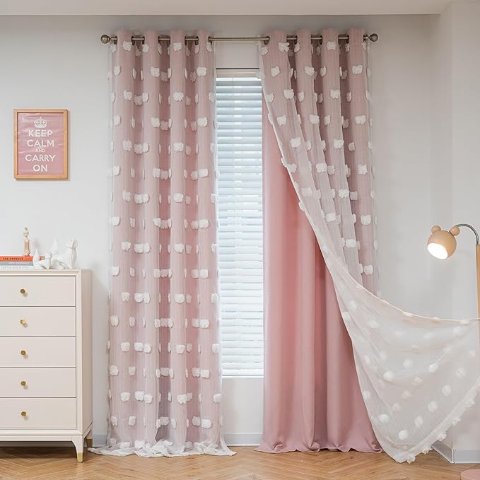 MYSKY HOME Pink Curtains for Bedroom 72 Inches Long Nursery Curtains Pom Pom White Sheer Curtains for Girls Room Double Layer for Toddler Bedroom Grommet Room Darkening Window Panels 52 x 72 Inch
