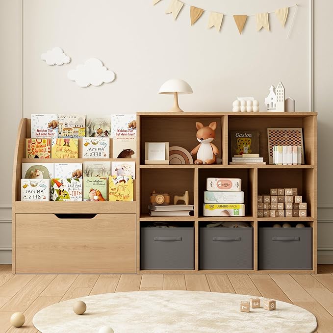 Kids Bookshelf and Toy Storage, Toy Storage Organizers with Movable Drawers & 3 Storage Bins, Kids Reading Nook Toy Organizers Shelf with 5 Cubbies, Natral Wood