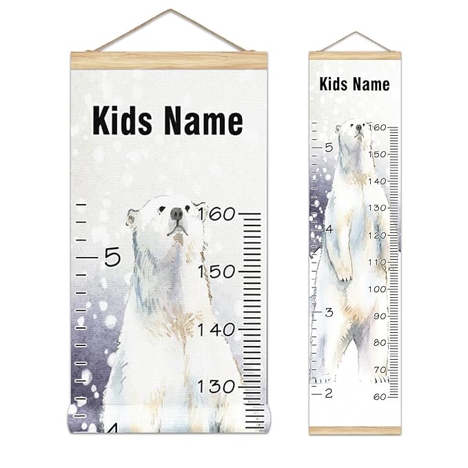 Personalized Kids Name Growth Chart Ruler for Wall Wood Frame Height Measure Chart 13.4x56 in Linen Hanging Height Growth Chart Winter Snow Animal Polar Bear Kids Room Decor