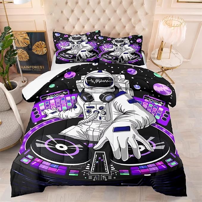 kxry Space Astronaut Galaxy Comforter Sets Twin Size Outer Space Themed Bedroom Decor Bedding Sets Black and Purple Bedding Quilt for Kids Teen Girls 1 Comforter+ 1 Pillowcase