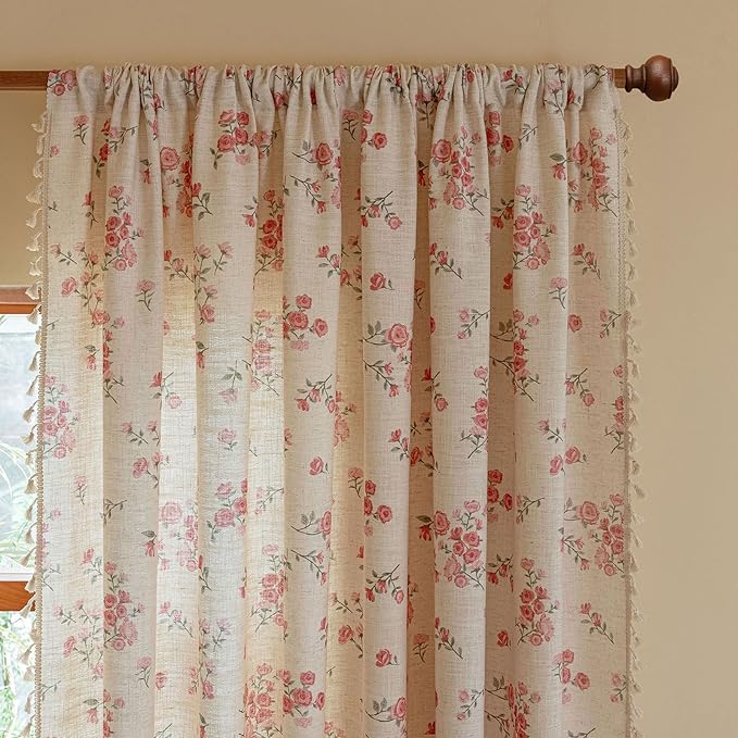 ENJOYBRIDAL Pink Floral 63 Inch Curtains 2 Panel Set Boho Tassel Drapes Short Farmhouse Rod Pocket Semi Sheer Window Curtains Bedroom Living Room Rustic Dining Room Aesthetic Decor Window Treatments