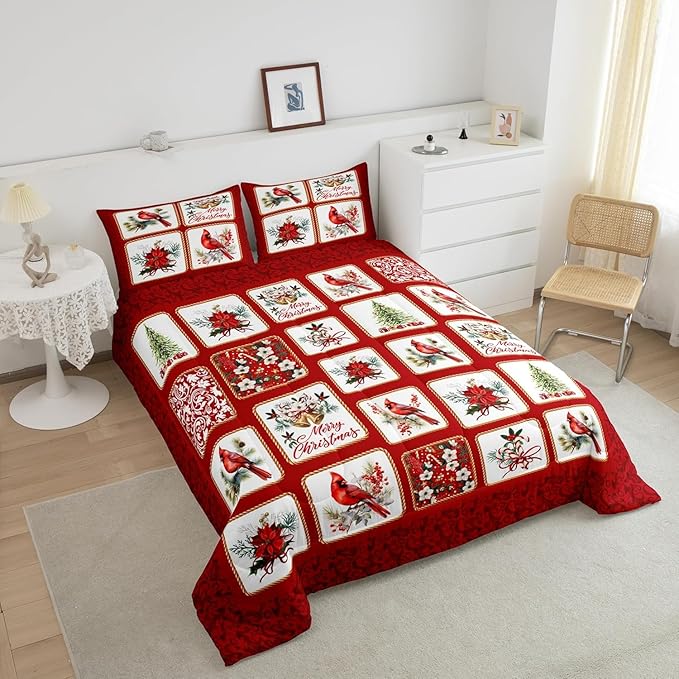 Merry Christmas Comforter Set Toddler Size,Red Patchwork Xmas Themed Plaid Bedding Set for Kids Boys Girls Adult,Cardinals Berries Bells Floral Pine Print Quilted Duvet Set with 1 Pillowcase