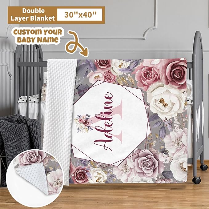 Custom Baby Crib Bedding Set, 3 Pcs Personalized Nursery Bedding Set with Name, Soft Baby Bedding Crib Sets with Blanket - Toddler Crib Sets for Girls Boys, Infant Newborn Gifts, Rose