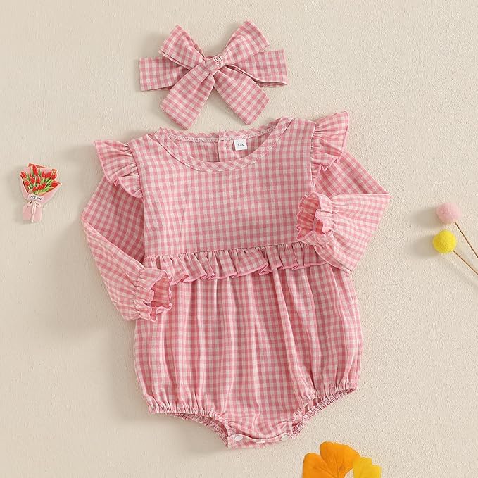 Karuedoo Newborn Baby Girl Clothes Gingham Plaid Bubble Romper Long Sleeve Ruffle Bodysuit with Headband Spring Fall Outfit