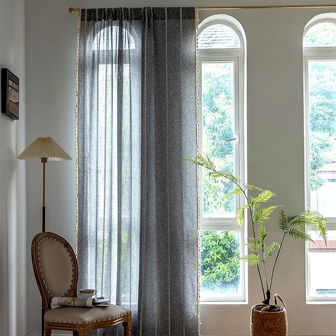 Deeprove Grey Boho Curtains 84 inches Length for Bedroom Living Room, Dark Coal Gray Bohemian 84 inches Long Embroidery Farmhouse Privacy Style Tassel Window Treatments, W52 x L84, 1 Panel