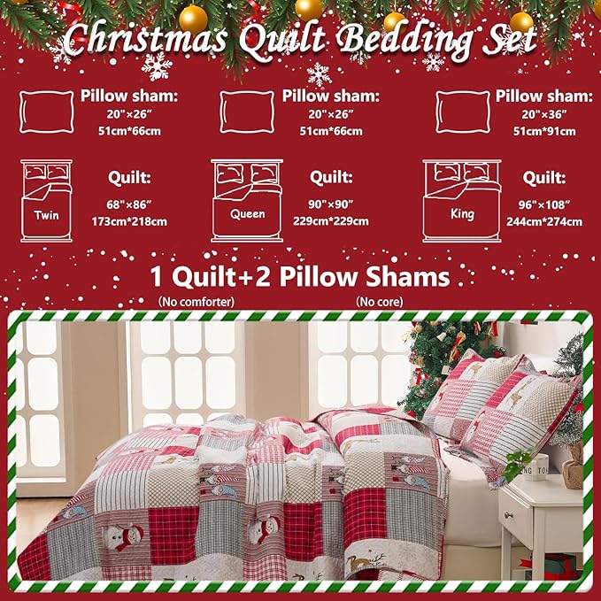 Jessy Home Christmas Bedding Set Queen Christmas Quilt Bedspread Pink Gnome Santa Claus Plaid Patchwork Xmas Quilt Bedding Decor Winter Snowman Elk Lightweight Reversible Bedspread Coverlet