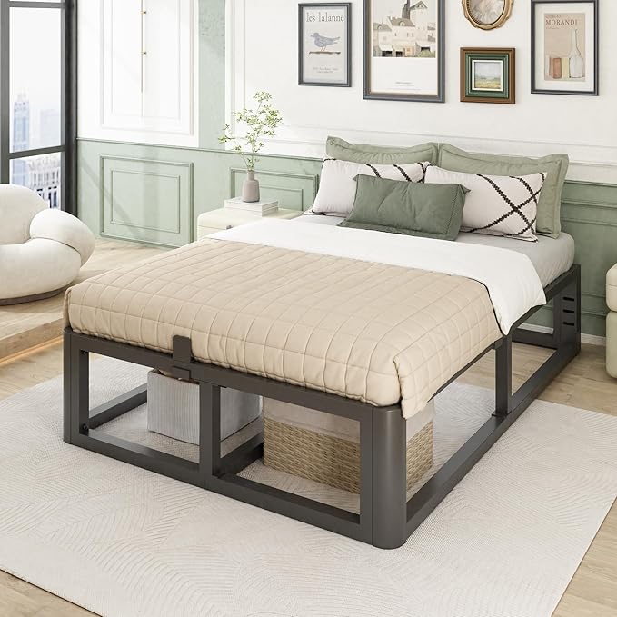 Metal Heavy Duty 14 inch Queen Bed Frame with Rounded Corner and Headboard Hole Mattress Retainers 3500 LBS No Box Spring Needed Platform Noise Free Easy Assembly