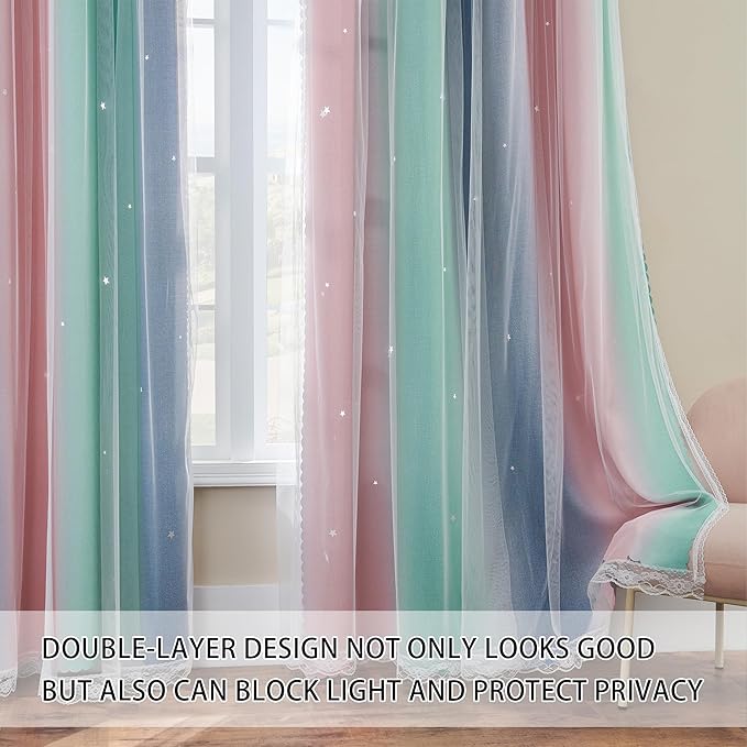 XiDi Pink Grey Green Girls Curtains for Bedroom Rainbow Blackout Short Curtains for Kitchen Cafe Window Room Darkening Kids Childs Nurser Room Wall Decor 84 inches Long 34 inches Wide 2 Panels Set