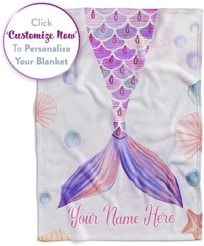 Personalized Blanket for Girls | Custom Mermaid Fleece Throw | Purple Kids Throw | Baby Girl Blanket for Room Décor | Girls Room | Kids Blanket | Mermaids (Fleece – 30x40)