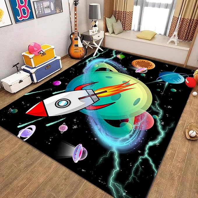 Outer Space Kids Area Rug,6x8ft,Kids Playroom Crawling Mat, Machine Washable, Non-Slip Carpet with Cartoon Planets and Rocket Design, Suitable for Boys' Bedroom, Class, Nursery Decorative Rug