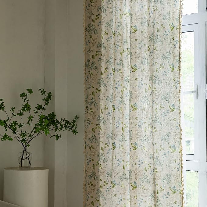 ENJOYBRIDAL Leaf Curtains 84 Inch Length 2 Panels Tassel Boho Semi Sheer Drapes Bedroom Living Room Farmhouse Floral Rustic Country Rod Pocket Cotton Linen Blend Window Curtain Panel