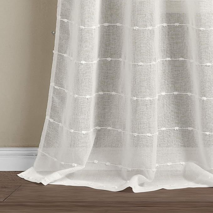 Lush Decor Farmhouse Textured Grommet Sheer Window Curtain Panel Pair, 38"W x 108"L, White