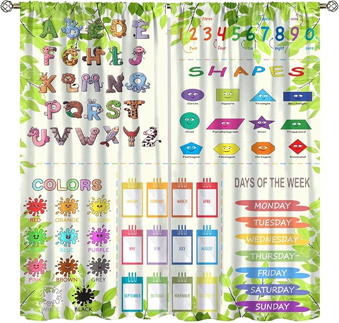 Kids Alphabet Curtain Cartoon Animal Nursery Rustic Leaves Plant Funny School Education Learning Tools Printed Rod Pocket Blackout Window Drapes for Bedroom Living Room 72" W X 63" L