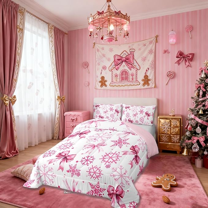Cute Bow Tie Comforter Set King Size,Girly Bowknot Snowflake Dots Kids Bedding Set,Merry Christmas Winter Princess Quilt Comforter,Pink White Duvet Insert,2 Pillowcases