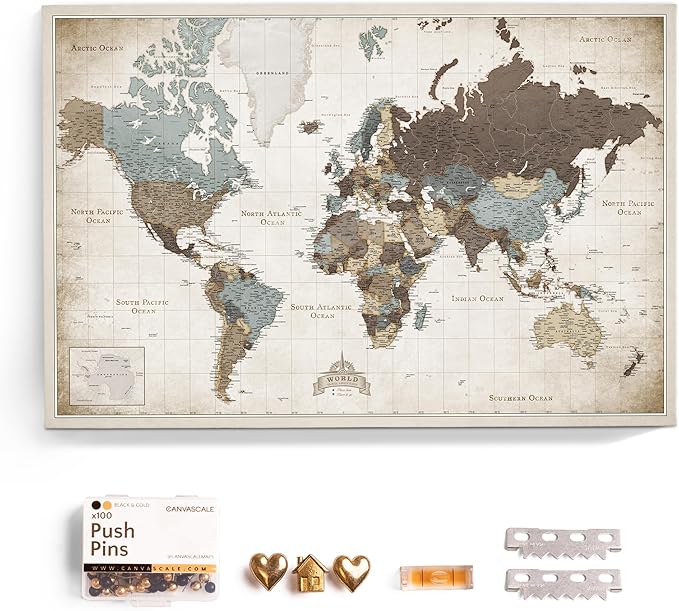 Canvas World Map with Cork Pin Board - English Lettering - Decorative Wall Decoration for All Rooms - Canvas Pictures with World Map Motif (120x80 cm, Pattern 25)