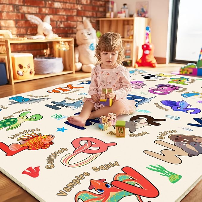 Kids Rugs for Playroom, 5x7 Feet Educational Rug for Learn The ABC Alphabet, Soft Machine Washable Non-Slip Cute Marine Organisms Carpet for Classroom Toddler Nursery Kids Room Decor, Beige