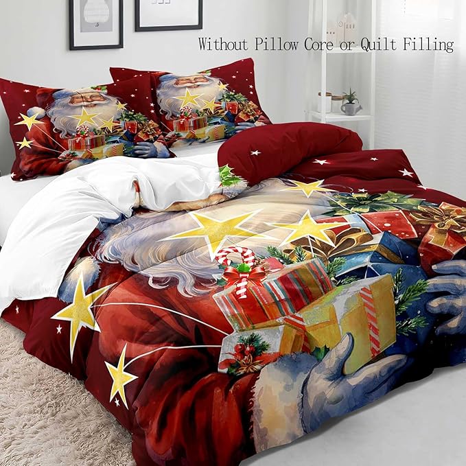 LUVIVIHOME 3PCS Christmas Santa Duvet Cover King Bedding Set, Boys Girls Kids Bedding, Winter Holiday New Year Xmas Gifts Red Christmas Comforter Bedspread Quilt Cover, Bed in a Bag, 2 Pillow Shams