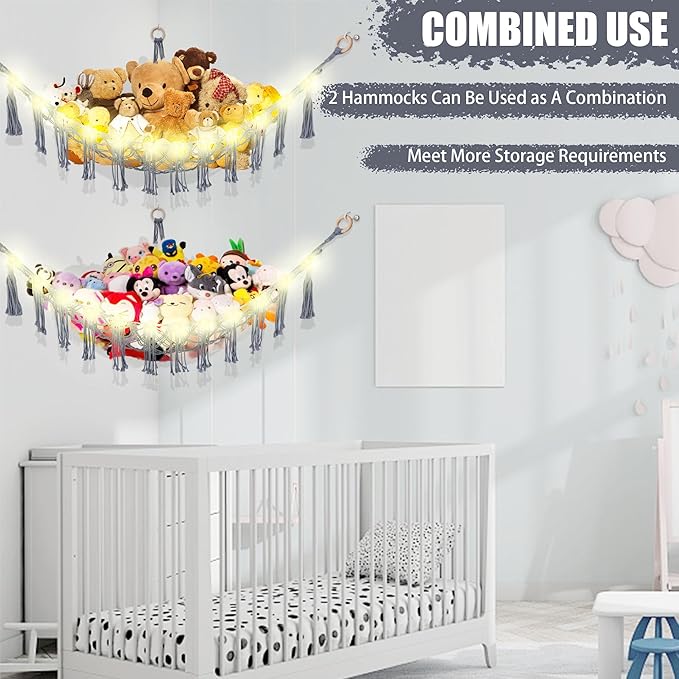 Stuffed Animal Hammock with LED Light, Large Stuffed Animals Storage Corner Plushie Net for Kids Room Decor, Grey