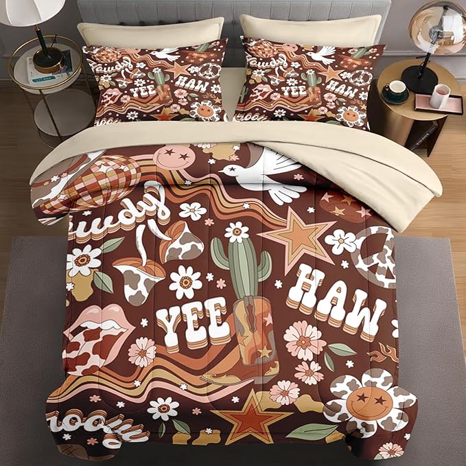 7 Pcs Full Size Comforter Set with 2 Pillowcases & 2 Shams, Western Hippie Cowgirl Bedding for Kids and Adults, West Boho Cowboy Bed in a Bag with Flat Fitted Sheet