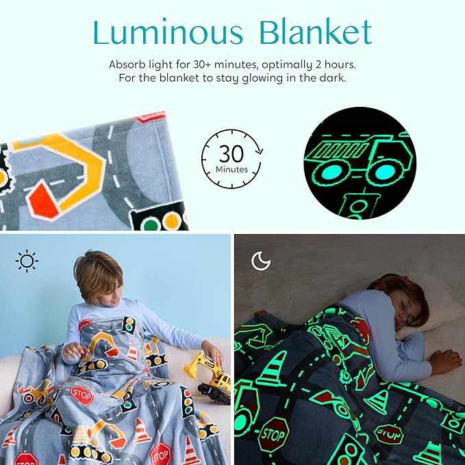 Joiedomi Glow in The Dark Blanket Construction Gifts for Boys Age 2 3 4 5 6 7 8 9 10 11 12 Year Old Boy Gifts, Soft Cozy Flannel Kids Throw Blanket, Birthday Bedroom Decor 50"×60"